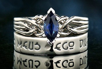 Marquise sapphire puzzle ring with Latin I am my Beloved's Poesy Ring