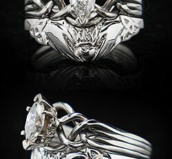 Hand-woven, marquise diamond puzzle ring with custom claddagh/trinity knot tapered wedding band