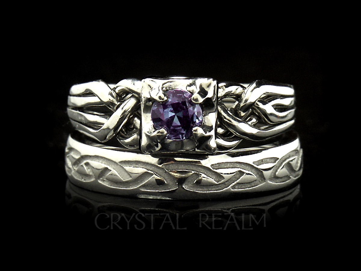 Guinevere four piece puzzle ring with round genuine alexandrite and recessed Celtic eternal knot band