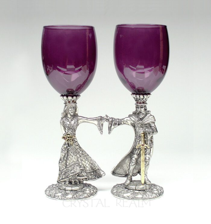 Purple toasting glasses with Arthur and Guinevere stems, each accented with Austrian crystals and 23k gold