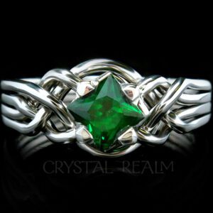 Avalon puzzle engagement ring with princess cut tsavorite green garnet and 14k white gold or platinum