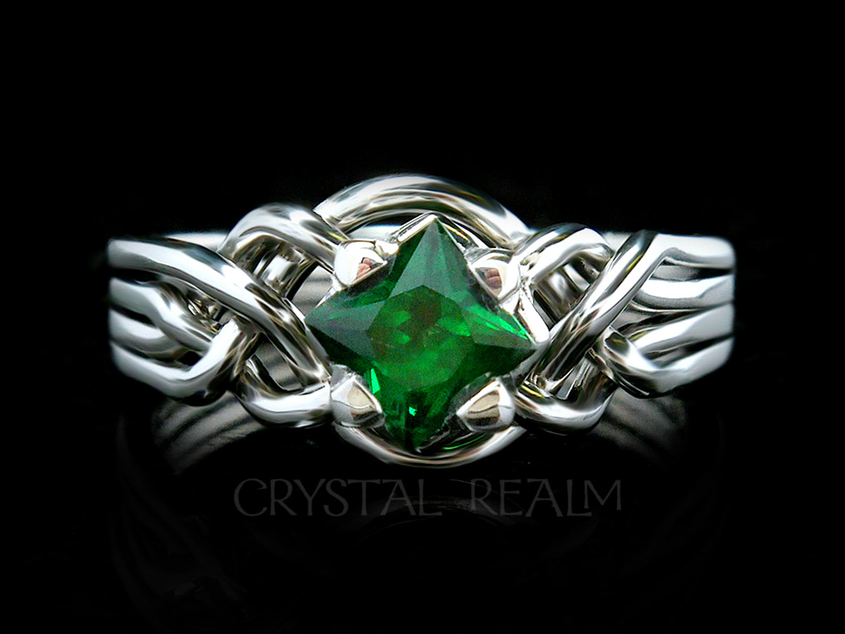 Avalon puzzle engagement ring with princess cut tsavorite green garnet and palladium