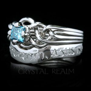 handmade blue diamond puzzle ring with hand engraved wedding band