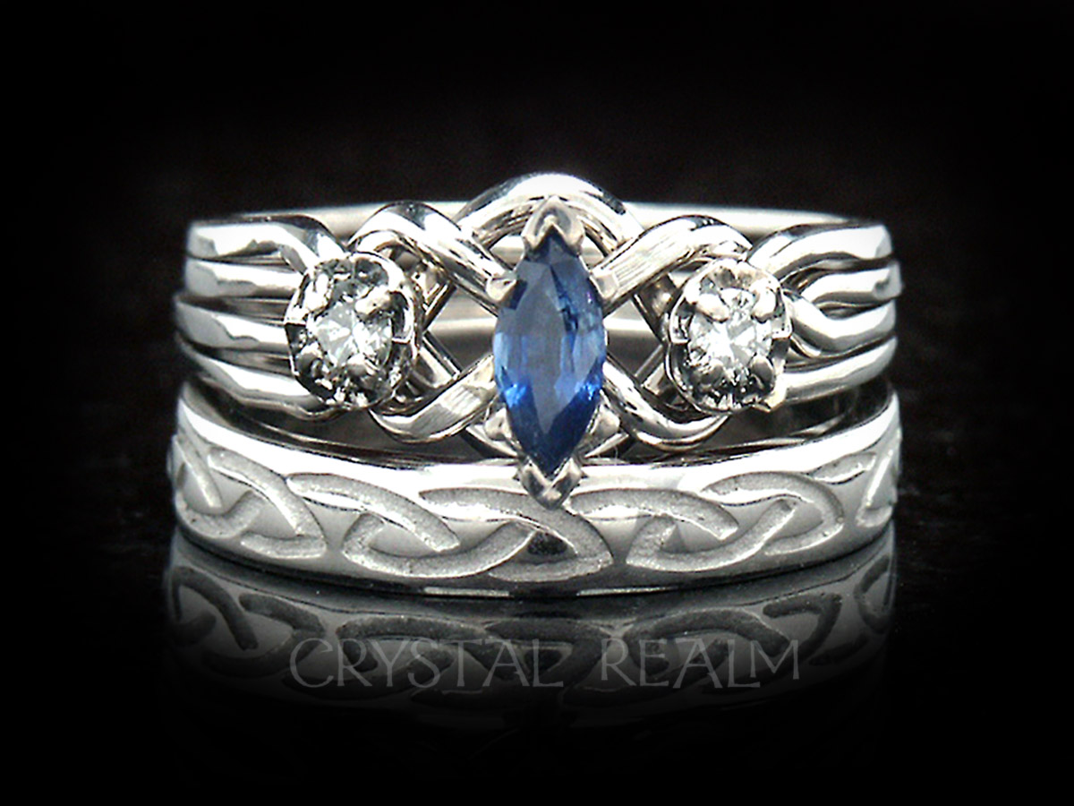 Four band puzzle ring with sapphire and diamonds and Celtic knot wedding band