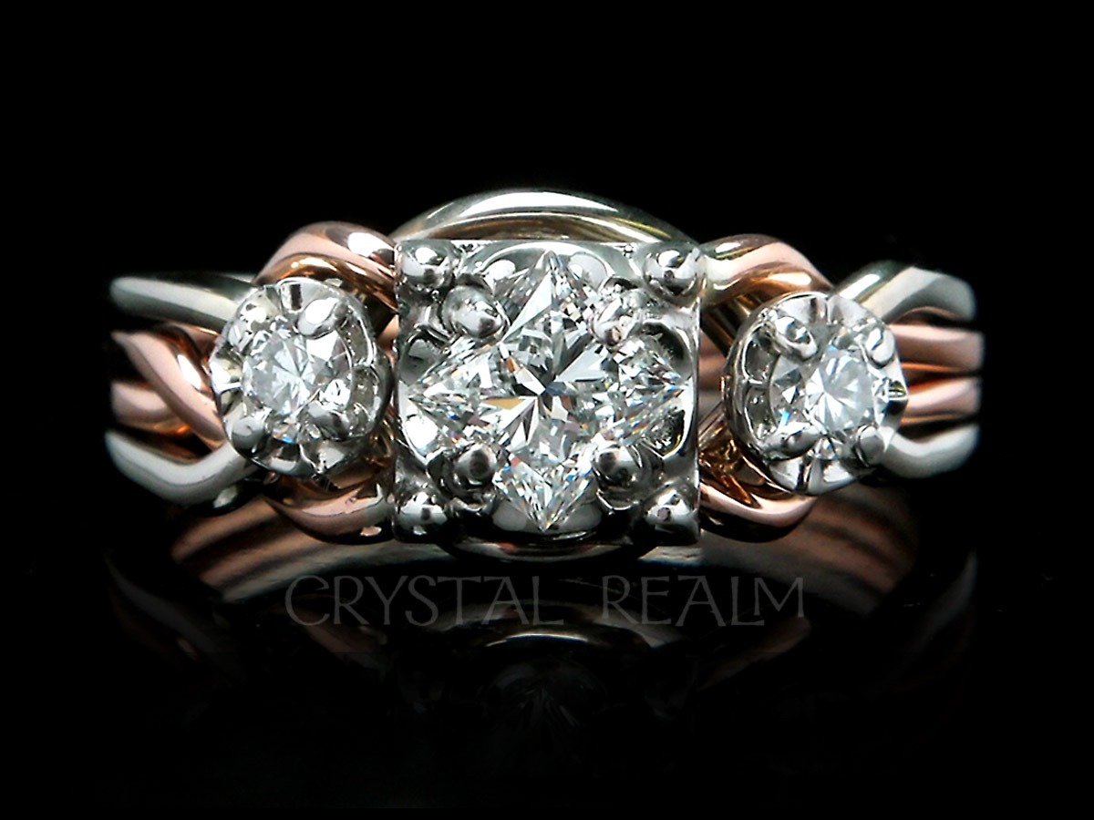 three-diamond puzzle engagement ring in 14k white gold and 14k rose gold