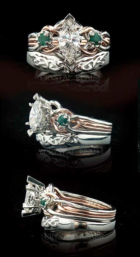 Marquise diamond and emerald engagement puzzle ring with Celtic shadow band