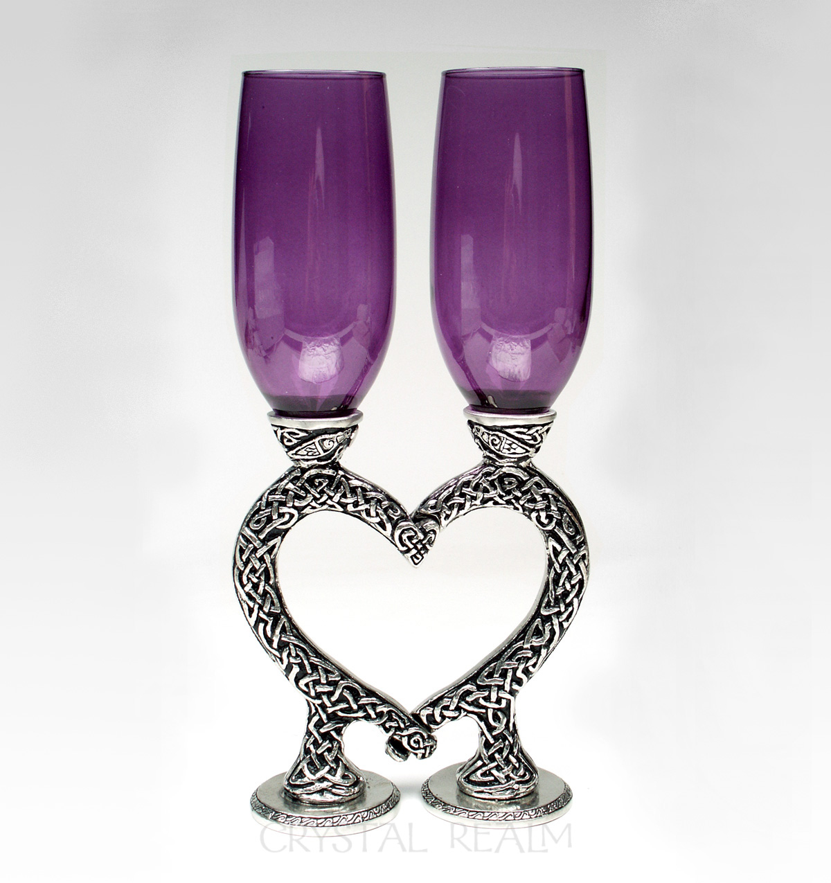 Celtic purple champagne glasses with knotwork heart stems