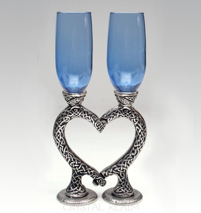 Sapphire blue toasting glasses with Celtic heart stems