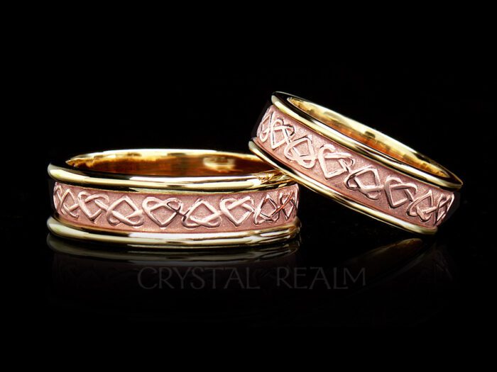 Celtic love knot wedding bands with a 14k rose gold center and 14k yellow gold trim
