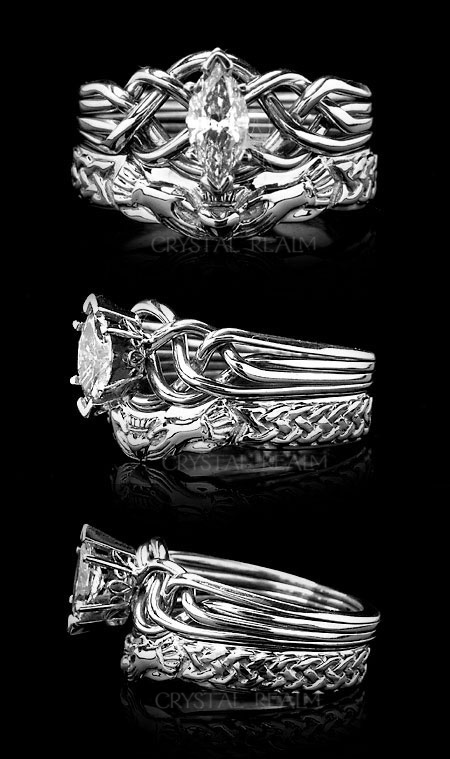 Marquise diamond four band puzzle ring with Celtic claddagh wedding ring
