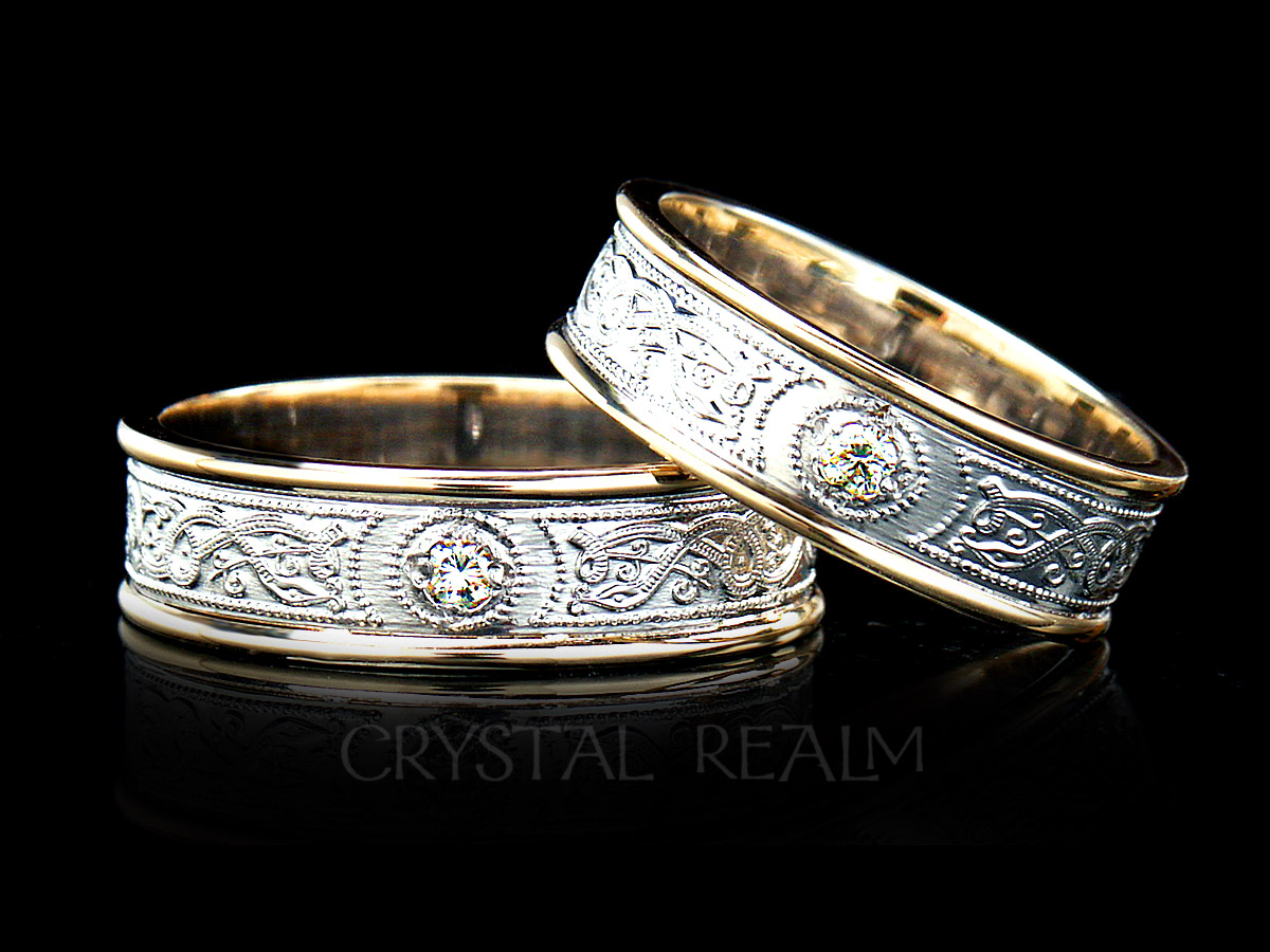 Celtic Ardagh shield band with ten point diamond and 14K white and yellow gold