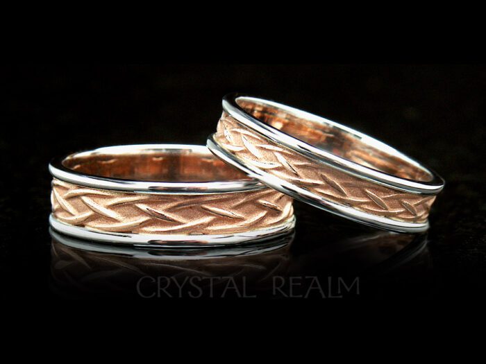 Celtic wedding bands in weave design with contrasting trim, 14k rose and white gold