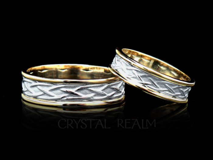 celtic wedding band with center weave knots in 14k white gold trimmed with 14k yellow gold