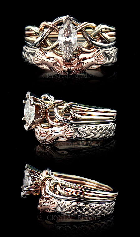 Celtic knotwork bridal set with marquise diamond four band puzzle ring and two tone Celtic claddagh shadow ring