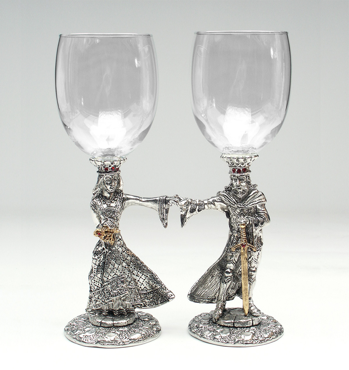Clear wine glasses with Arthur and Guinevere stems, Austrian crystals, and 23k gold accents