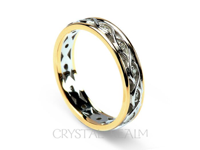 Celtic diamond wedding band in 14k white and yellow gold
