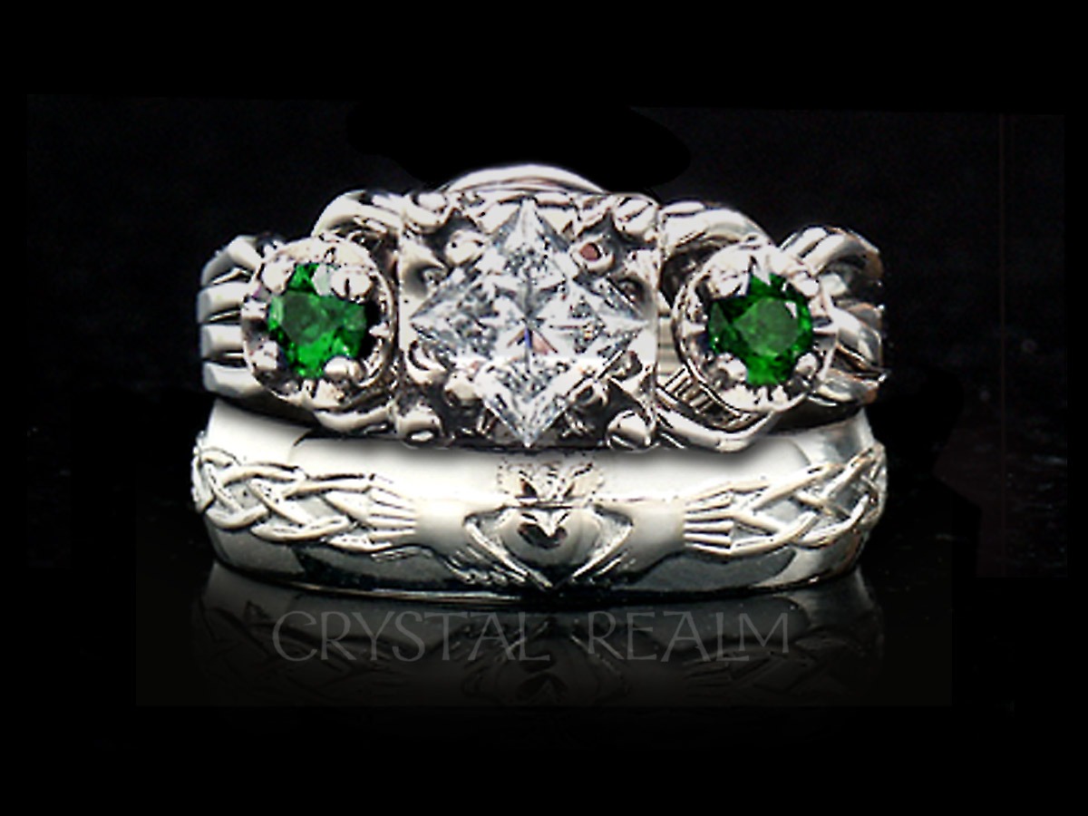 Guinevere royale diamond and emerald puzzle ring with Celtic claddagh wedding band