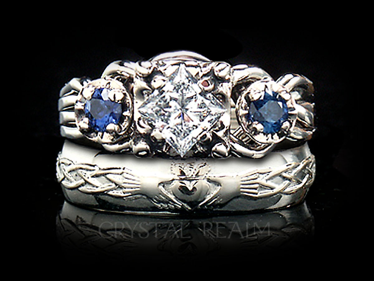 Guinevere royale diamond and sapphire 4 piece puzzle ring is paired with a Celtic claddagh wedding ring