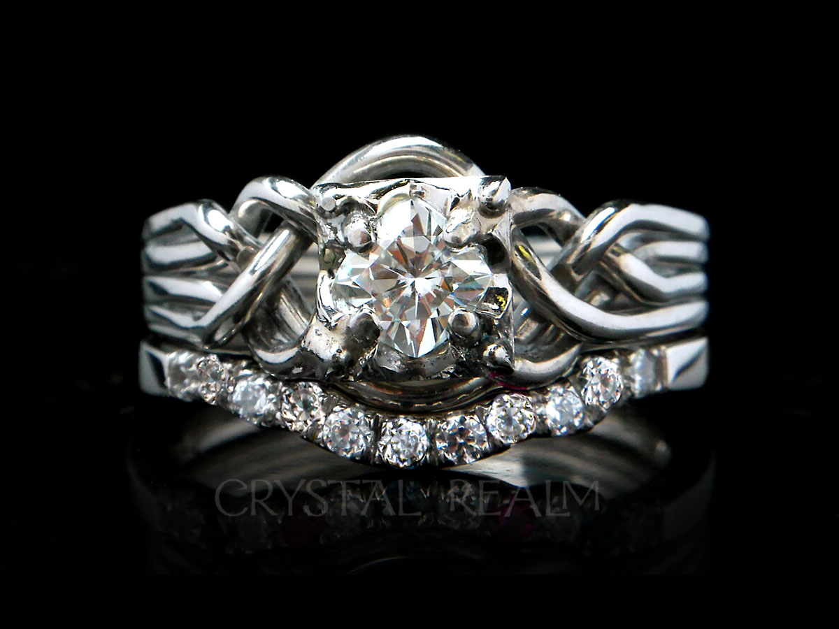 Four piece puzzle ring with princess cut diamond and 11-diamond shadow wedding ring