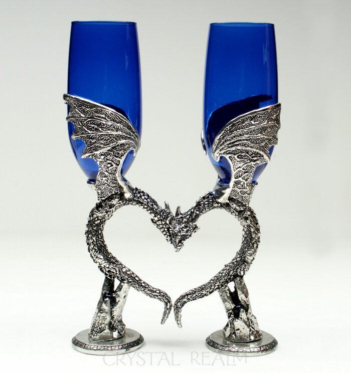 Dragon wing heart champagne flutes with Austrian crystals