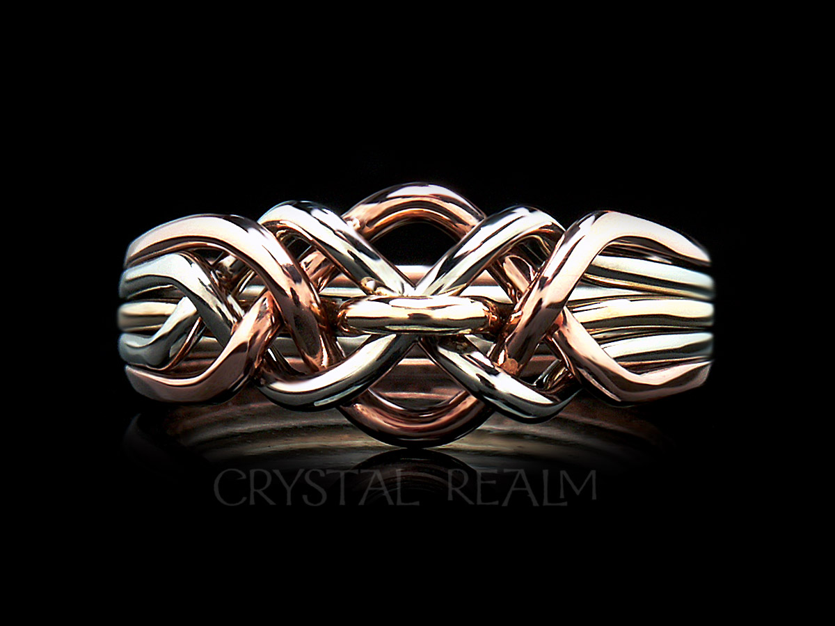 Five band loop puzzle ring in 14k white, yellow, and rose gold and heavy weight