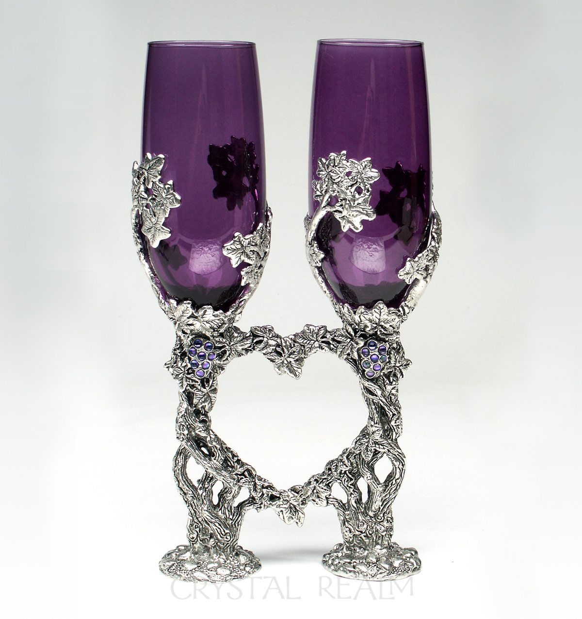 Purple toasting flutes with grapevine stems and Austrian crystal grapes