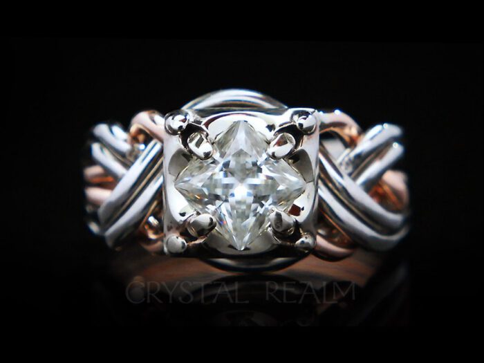 six-band puzzle ring with princess cut diamond in 14k rose gold and 14K white gold or platinum