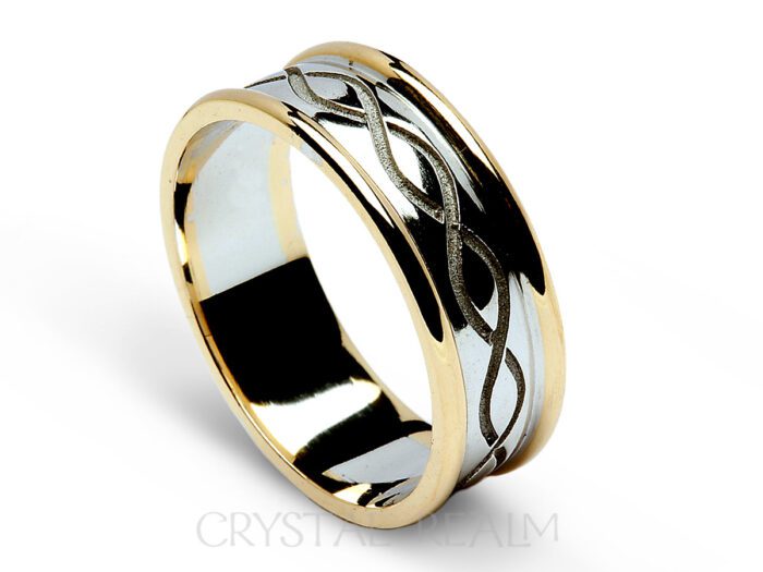 Irish celtic weave wedding band in 14k white and yellow gold
