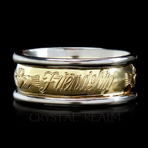 Claddagh band with love, loyalty, and friendship in raised letters