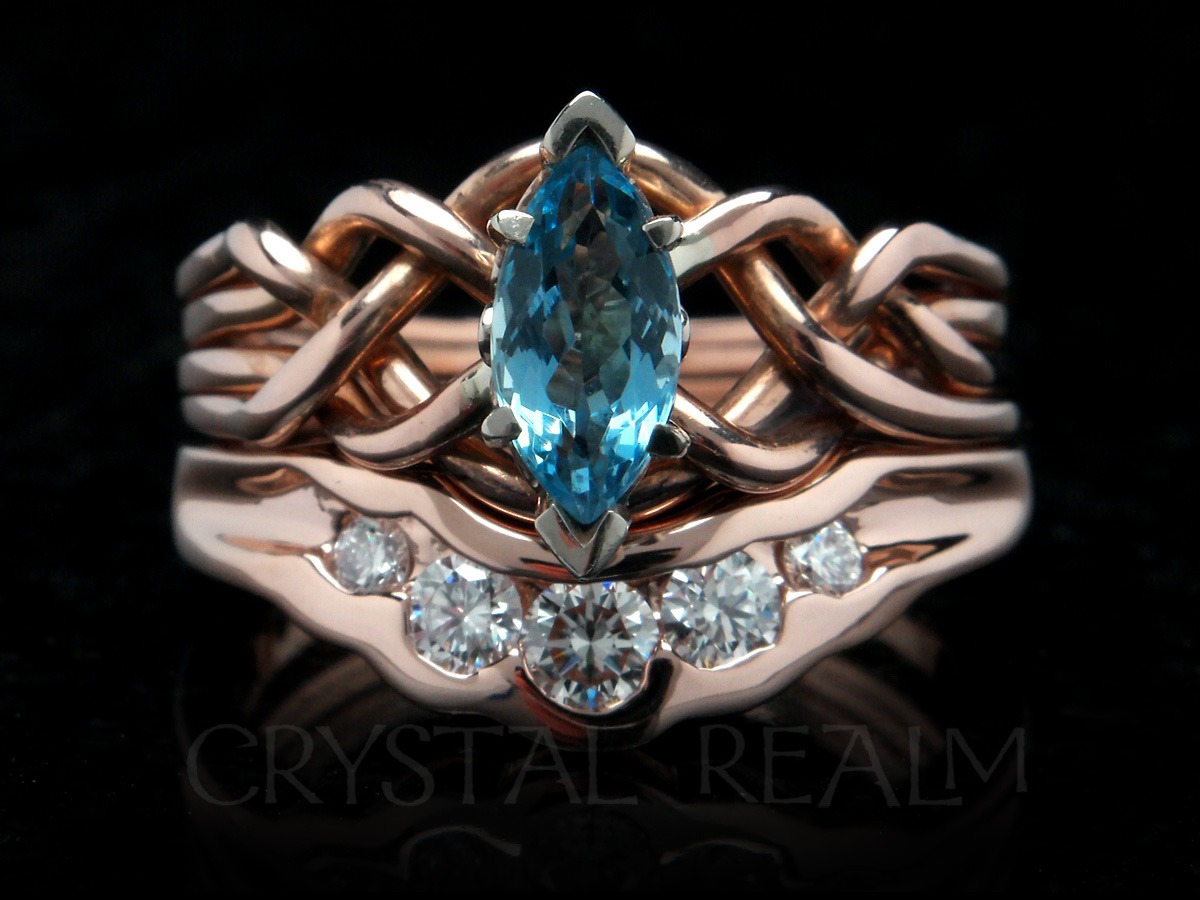 Our original, hand-made 14K rose gold, marquise aquamarine, and diamond puzzle ring and shadow band bridal set
