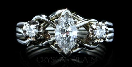 three diamond puzzle engagement ring in 14k white gold or platinum