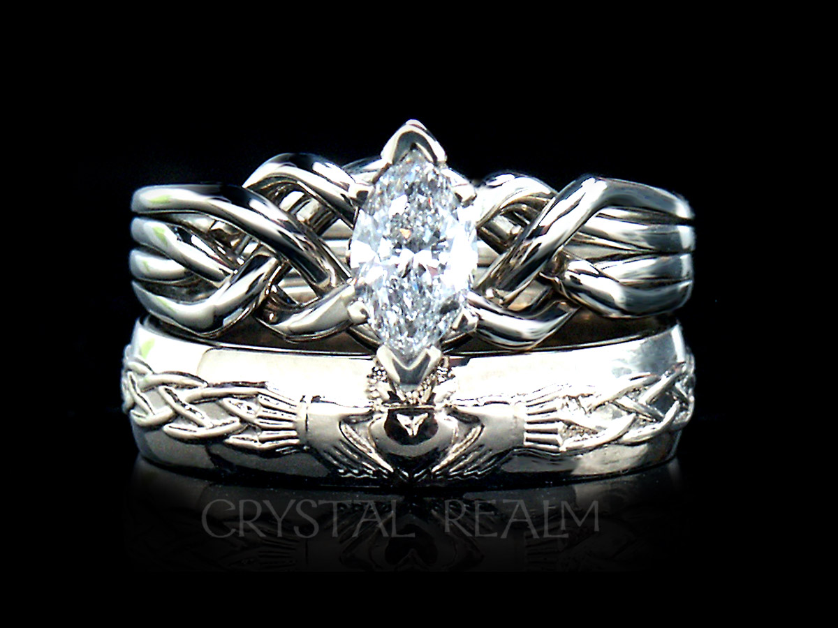 Marquise diamond four band puzzle ring with Celtic claddagh band