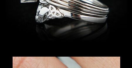 four piece puzzle ring with marquise diamond and custom fit claddagh wedding ring