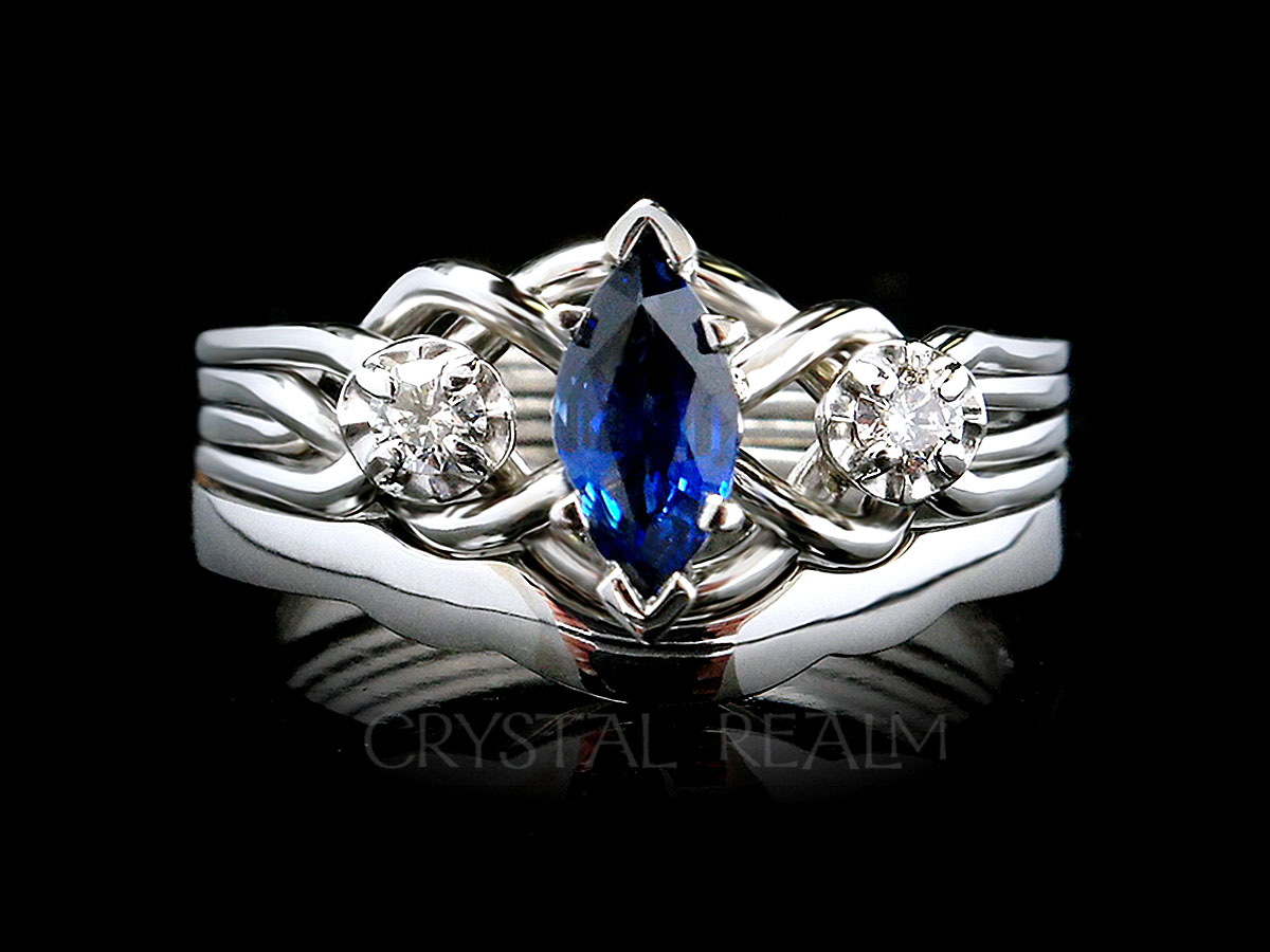 Marquise sapphire and diamond bridal set with four band puzzle ring and 2mm shadow band
