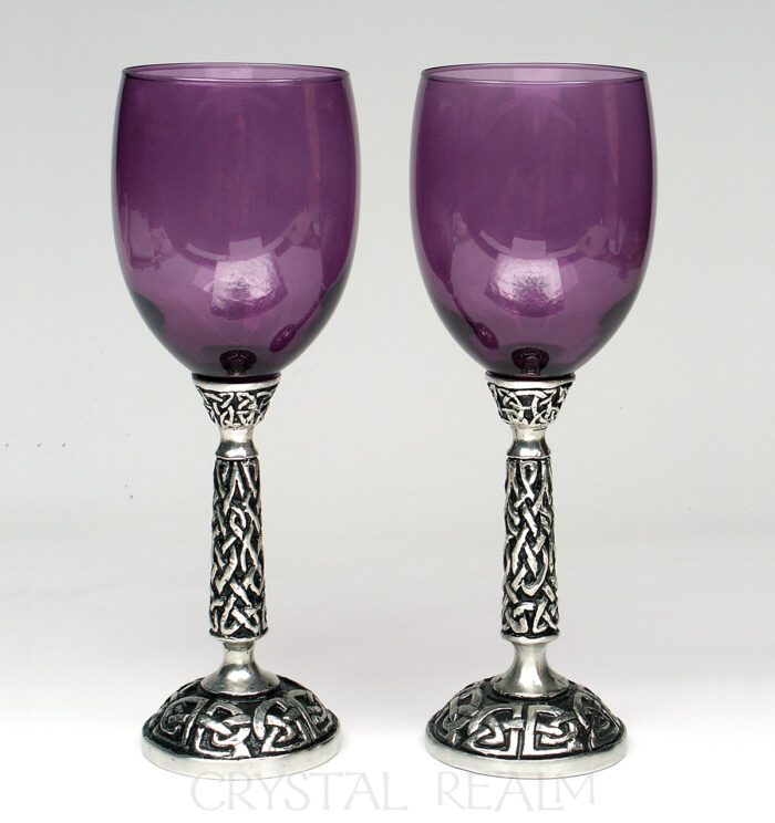 Purple communion goblet or wine glass with Celtic knotwork stem