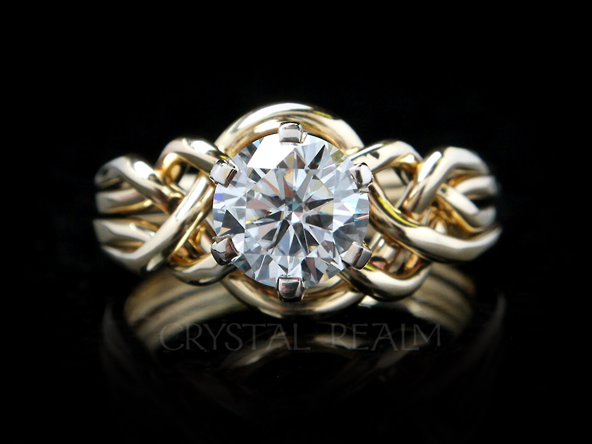 four band puzzle ring with two carat moissanite in 14k yellow gold with open weave
