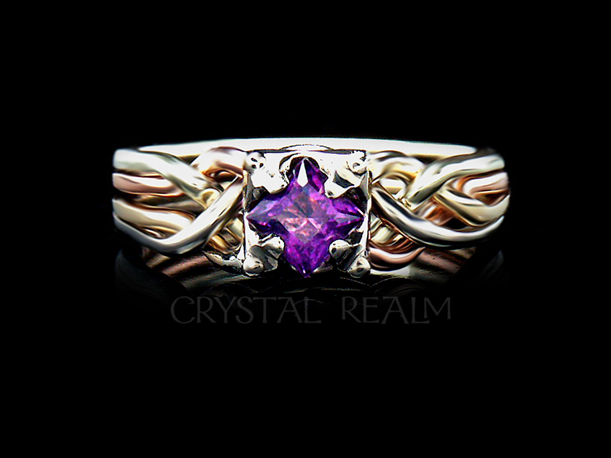 Princess cut amethyst four piece puzzle ring in four colors of 14k gold