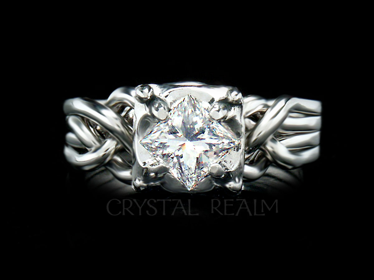 Guinevere puzzle engagement ring with three-quarter carat, princess-cut diamond