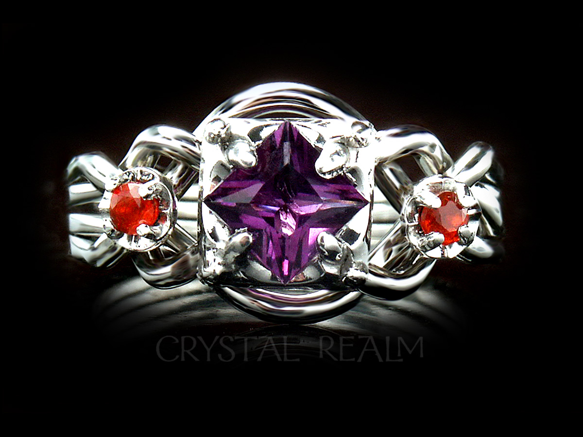 Guinevere four-band amethyst puzzle engagement ring with poppy topaz accents