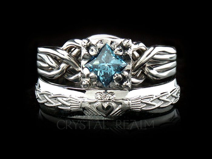 4 piece puzzle ring with half carat princess blue diamond and celtic claddagh ring