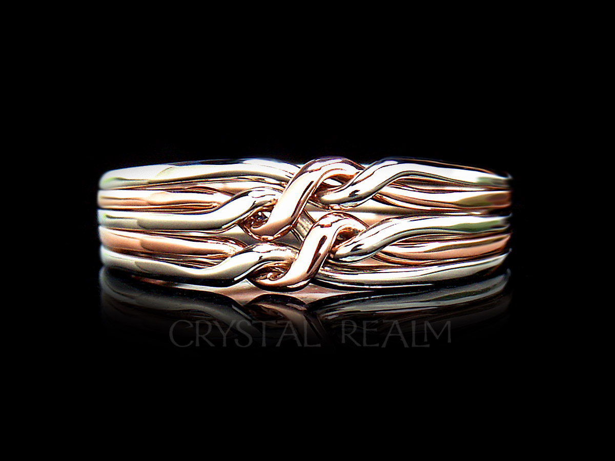 Five band chain puzzle ring in 14k yellow, rose, and white gold