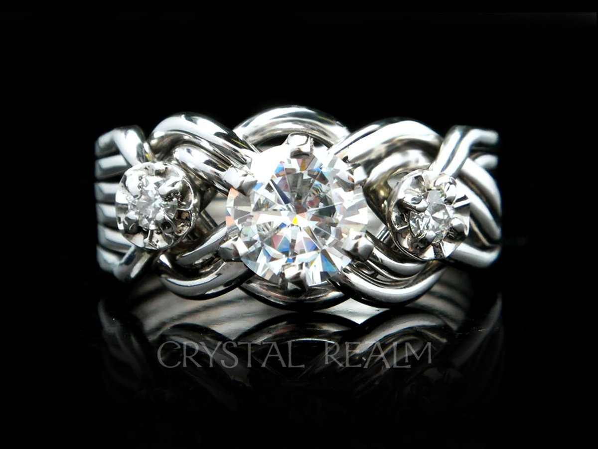 Platinum six band puzzle ring with round center moissanite and side diamonds 
