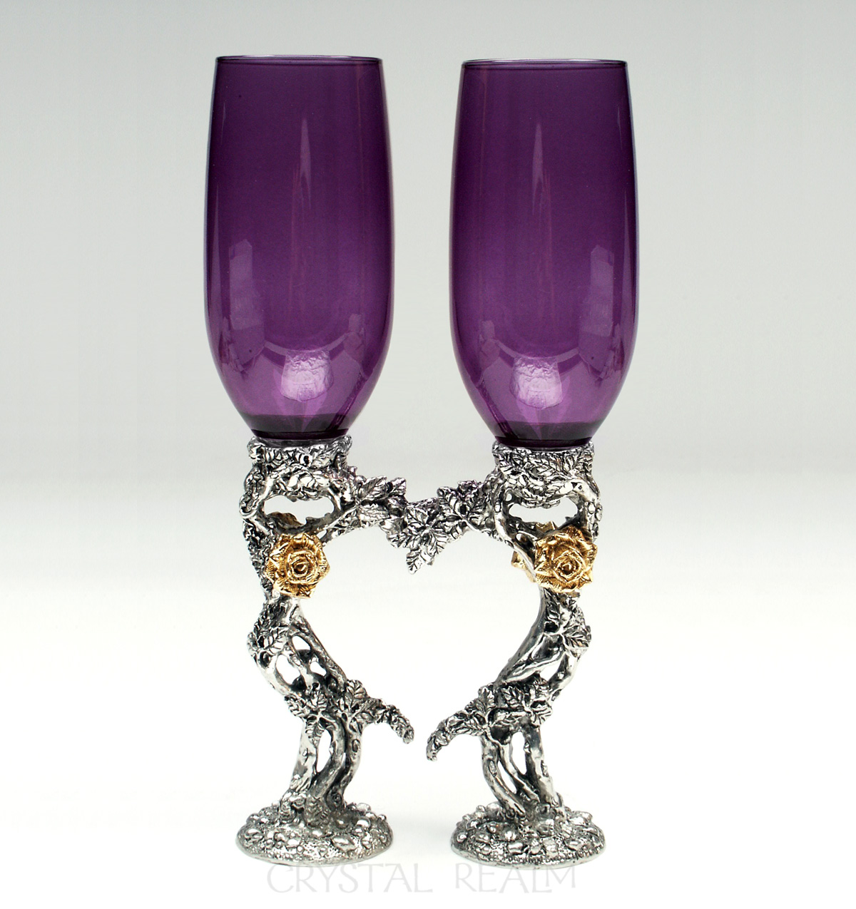 Purple champagne glasses with 23k plated roses and a heart shape