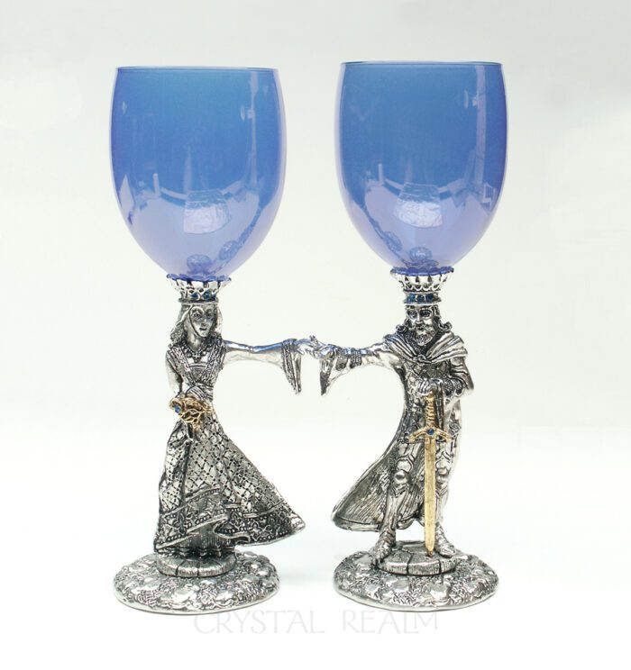 Arthur and Guinevere sapphire blue toasting glasses in pewter with 23k gold and austrian crystal trim
