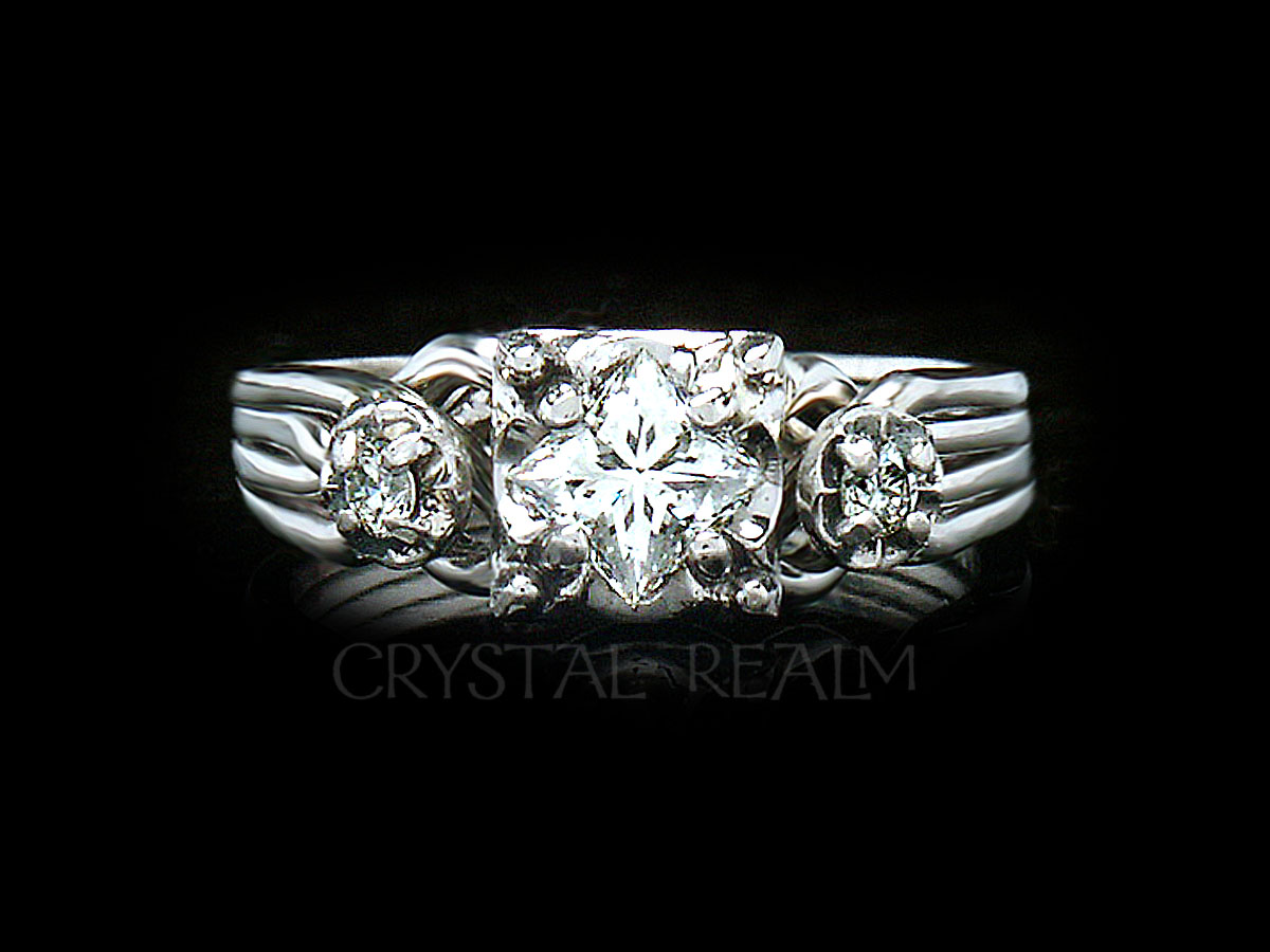 Four band puzzle ring with princess cut diamond center and two round accent diamonds