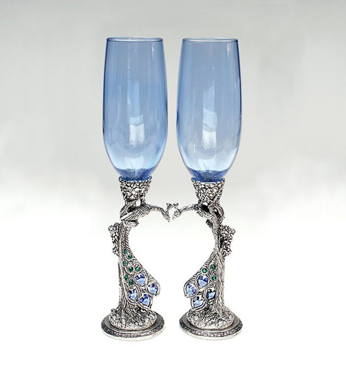 Blue toasting glasses with peacock stems and Austrian crystals