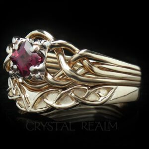 Rhodolite garnet in a princess-cut on a Guinevere four band puzzle ring with a Celtic wedding ring