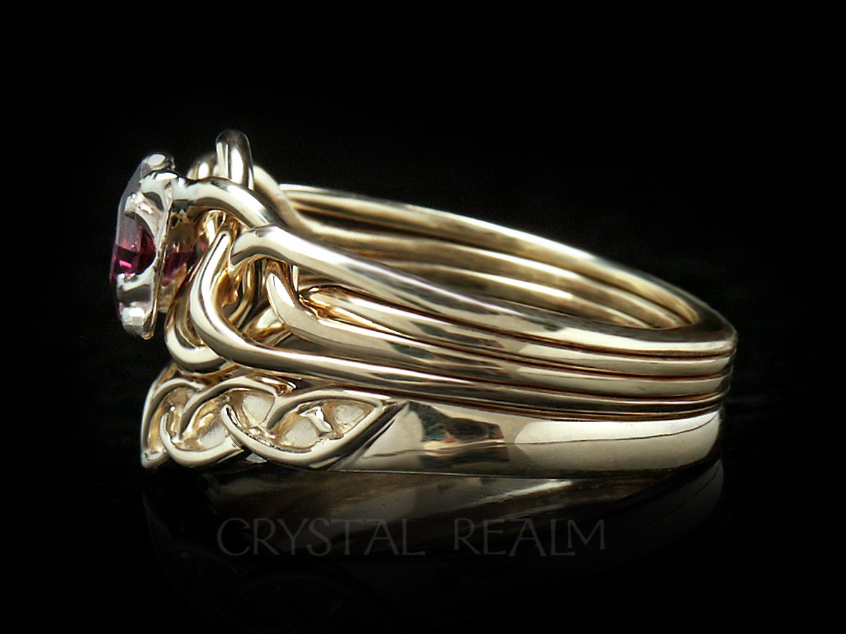 Guinevere puzzle ring with princess cut rhodolite garnet and a Celtic shadow wedding band